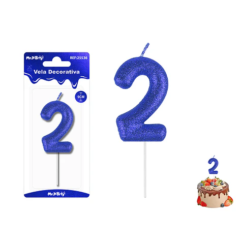 Velas con número 2 con glitter azul 9cm