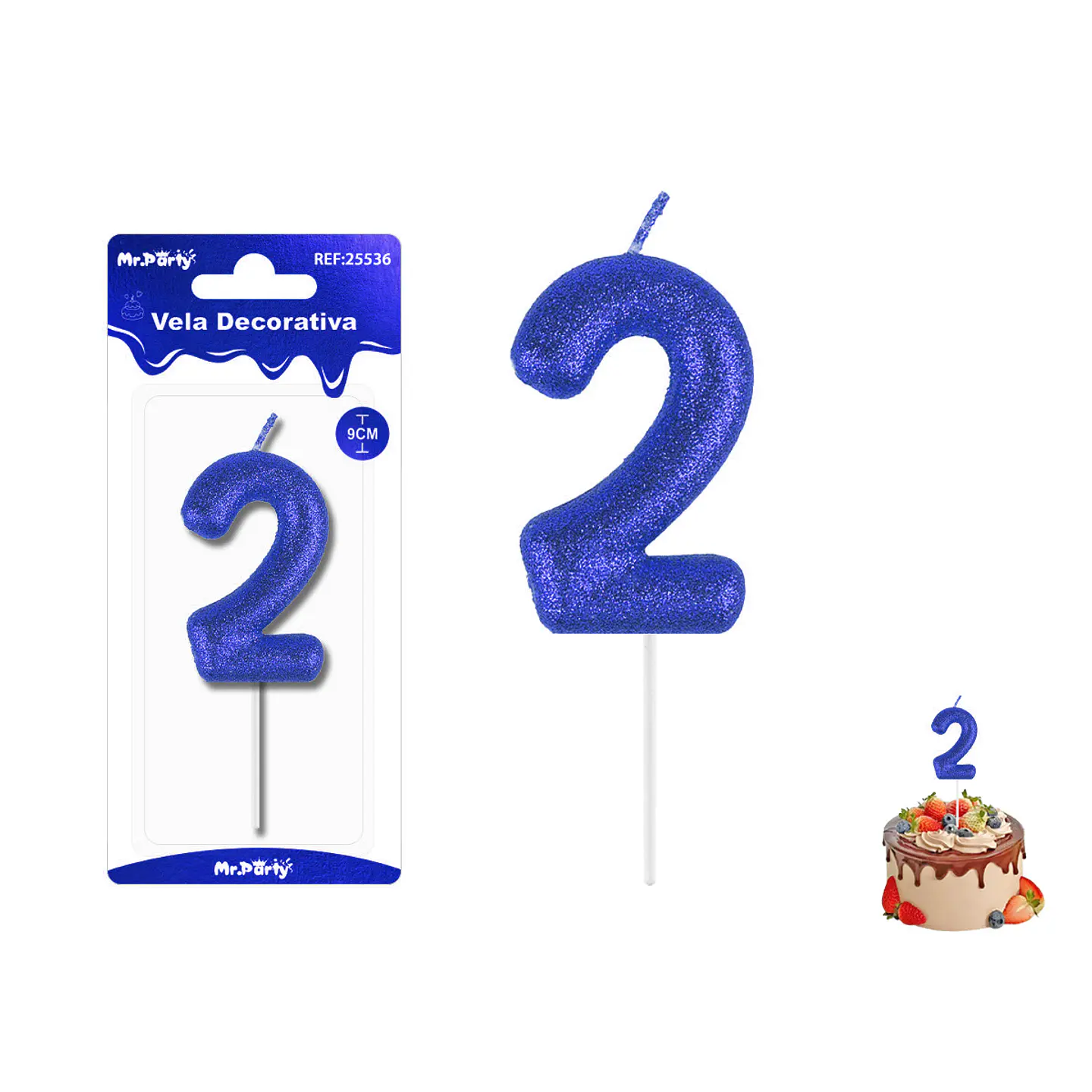 Velas con número 2 con glitter azul 9cm 1