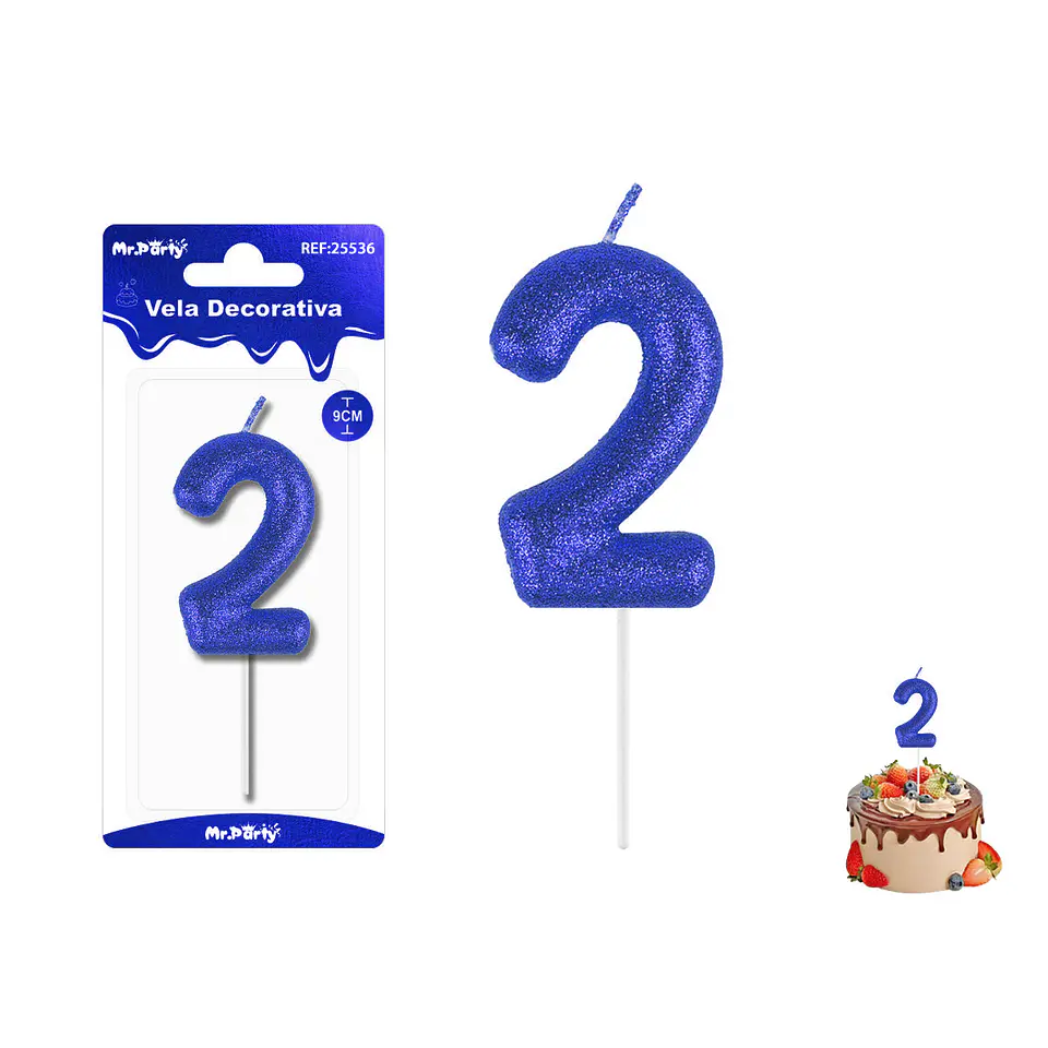 Velas con número 2 con glitter azul 9cm 1