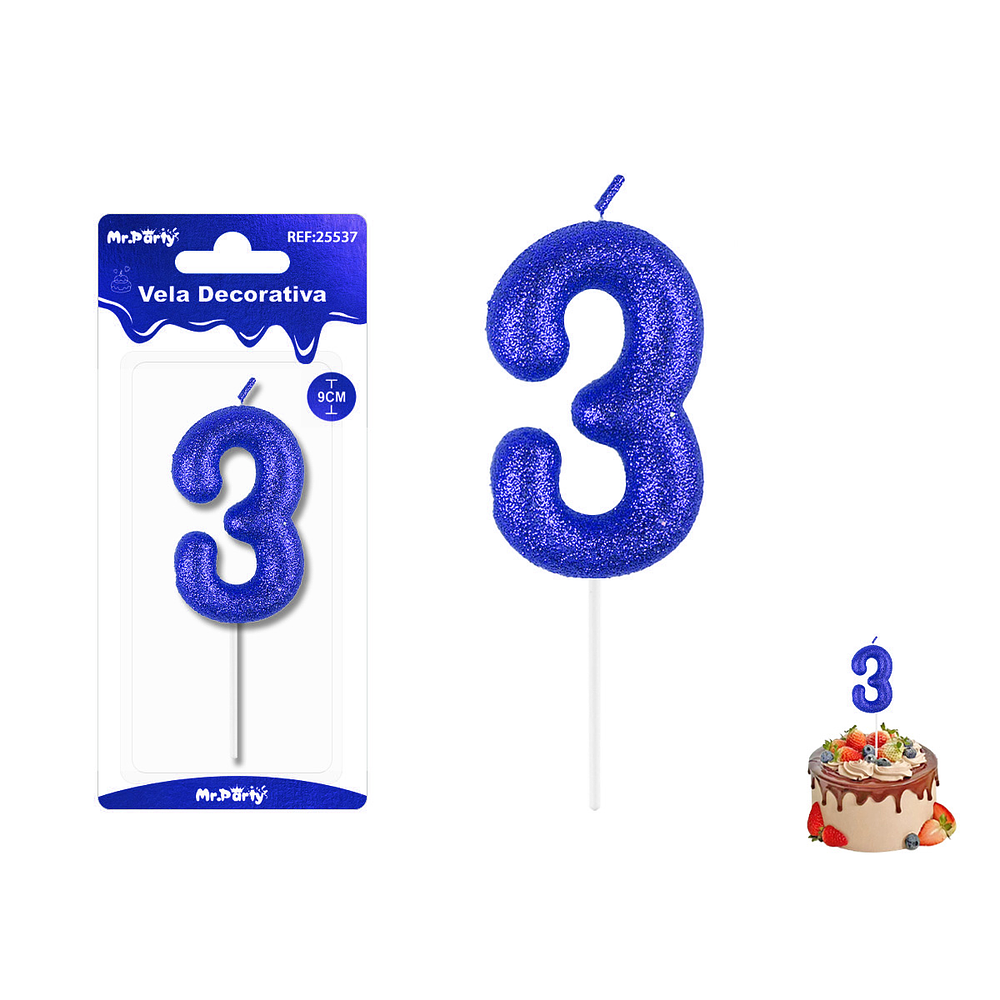 Velas con número 3 con glitter azul 9cm