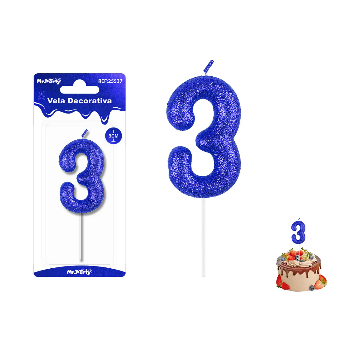 Velas con número 3 con glitter azul 9cm 1