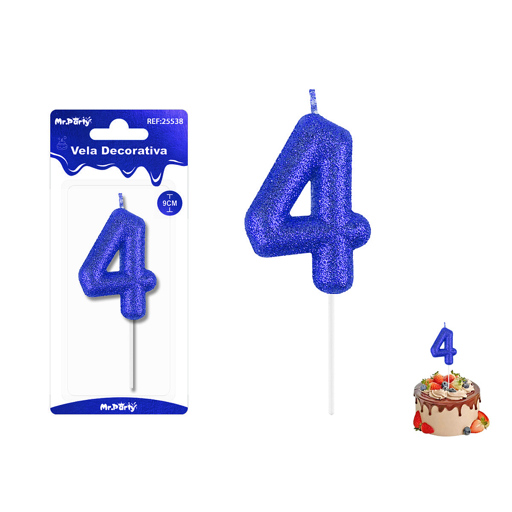 Velas con número 4 con glitter azul 9cm