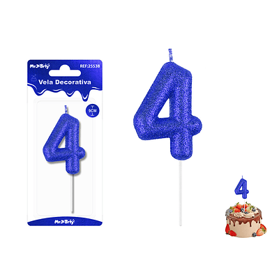 Velas con número 4 con glitter azul 9cm