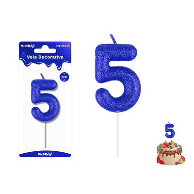 Velas con número 5 con glitter azul 9cm