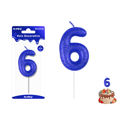 Velas con número 6 con glitter azul 9cm