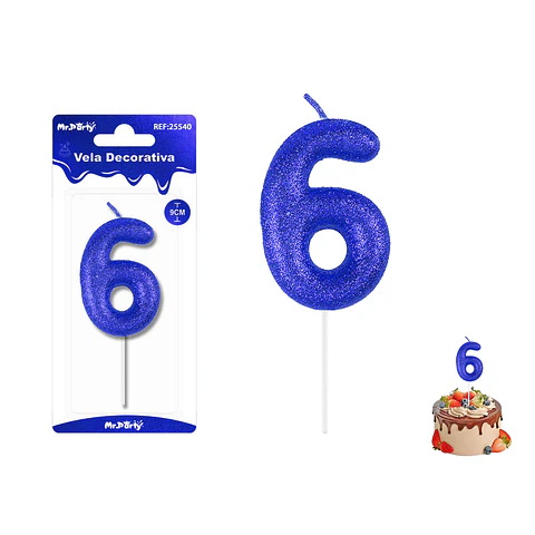 Velas con número 6 con glitter azul 9cm