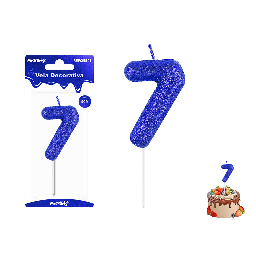 Velas con número 7 con glitter azul 9cm