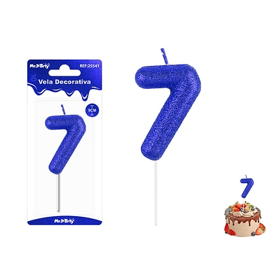 Velas con número 7 con glitter azul 9cm