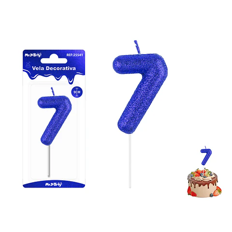 Velas con número 7 con glitter azul 9cm
