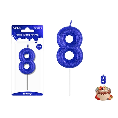 Velas con número 8 con glitter azul 9cm