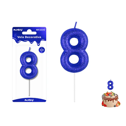 Velas con número 8 con glitter azul 9cm