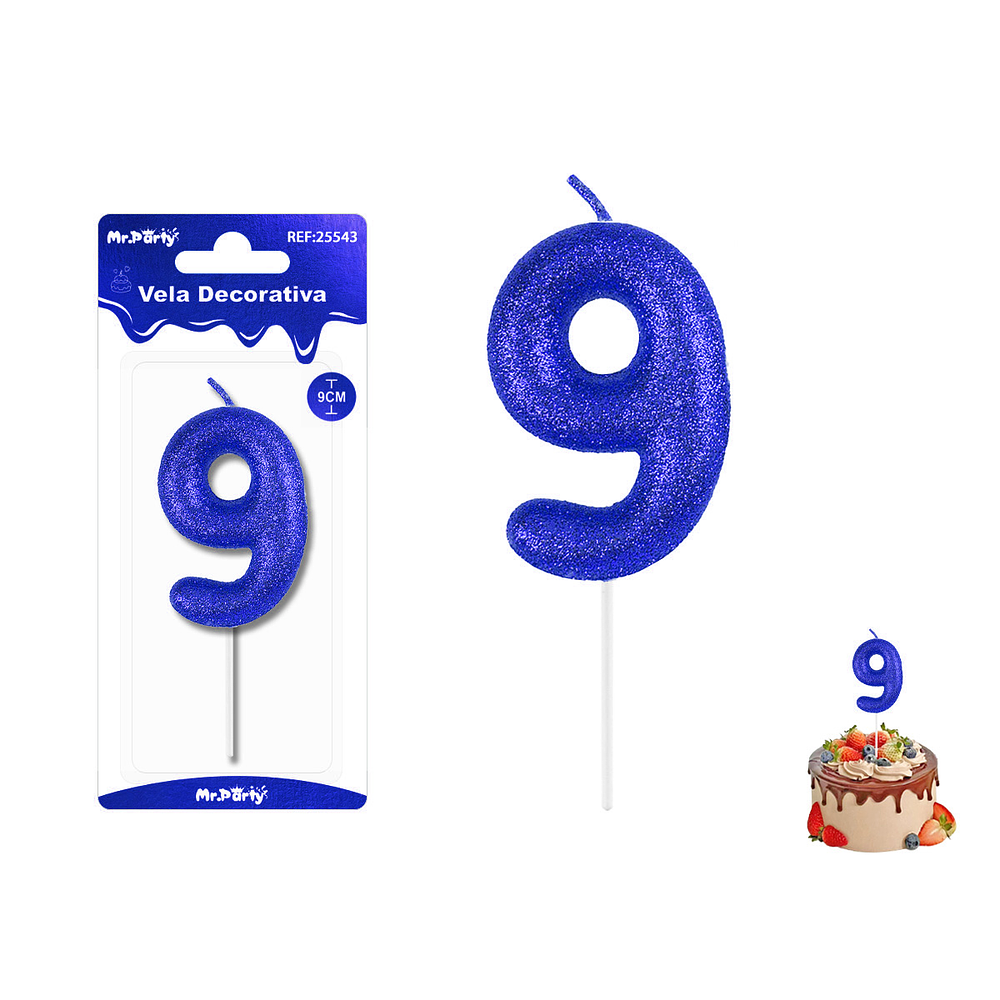 Velas con número 9 con glitter azul 9cm