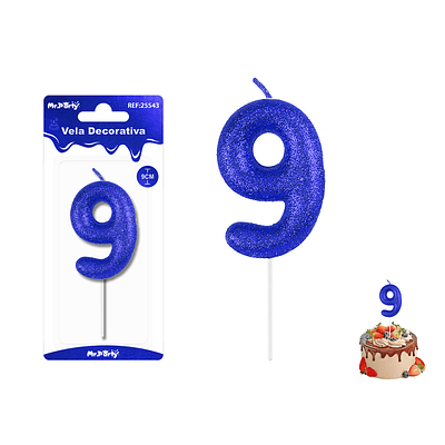 Velas con número 9 con glitter azul 9cm