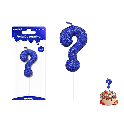 Velas con signo ? con glitter azul 9cm
