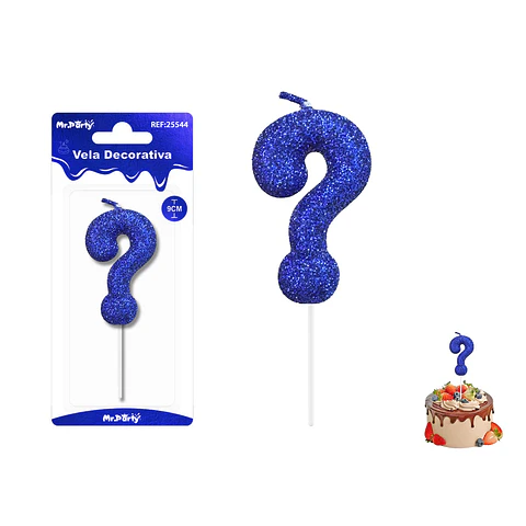 Velas con signo ? con glitter azul 9cm