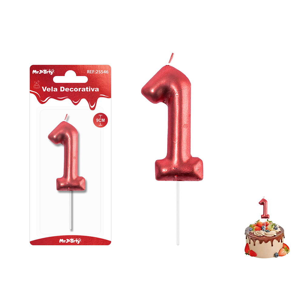 Velas con número 1 metalizadas rojo 9cm