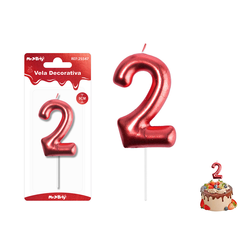 Velas con número 2 metalizadas rojo 9cm