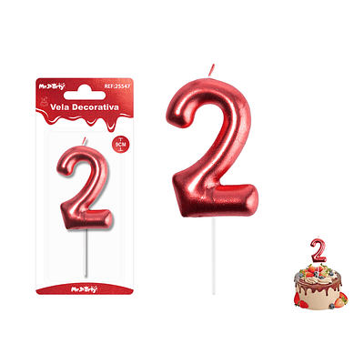 Velas con número 2 metalizadas rojo 9cm