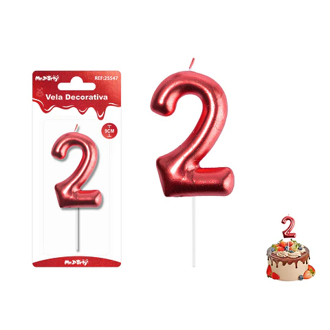 Velas con número 2 metalizadas rojo 9cm