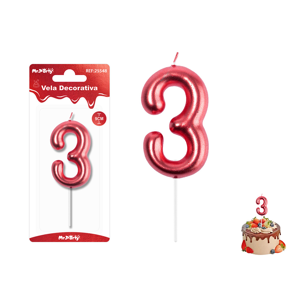Velas con número 3 metalizadas rojo 9cm