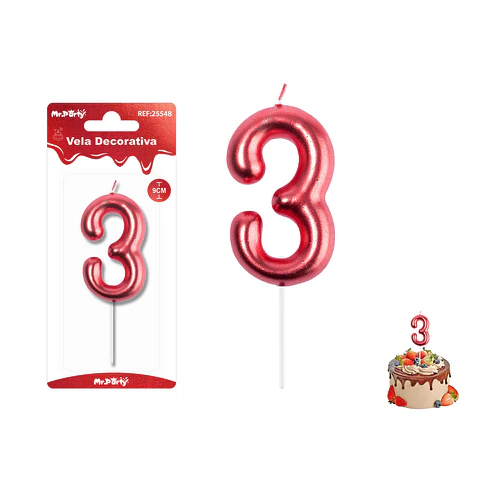 Velas con número 3 metalizadas rojo 9cm