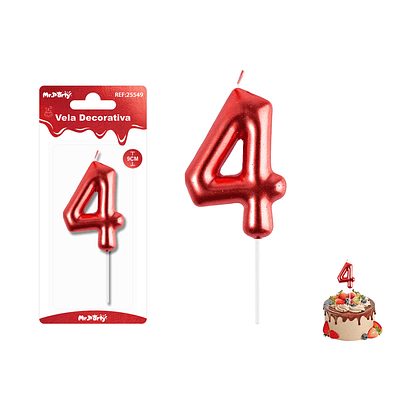 Velas con número 4 metalizadas rojo 9cm