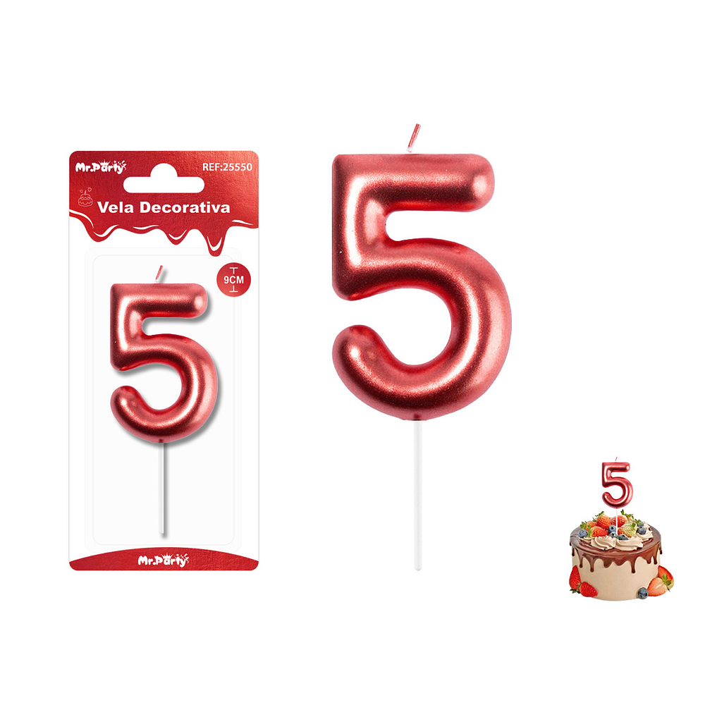 Velas con número 5 metalizadas rojo 9cm