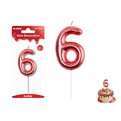 Velas con número 6 metalizadas rojo 9cm