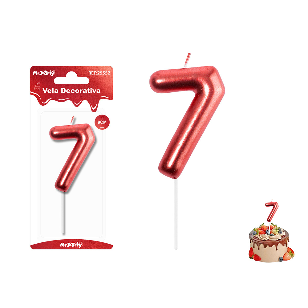 Velas con número 7 metalizadas rojo 9cm