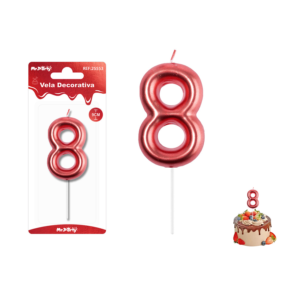 Velas con número 8 metalizadas rojo 9cm