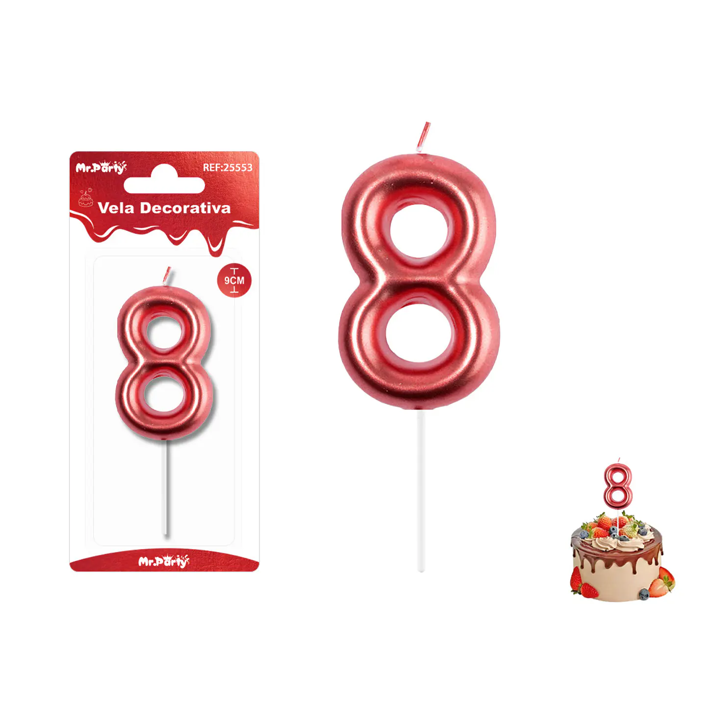 Velas con número 8 metalizadas rojo 9cm 1