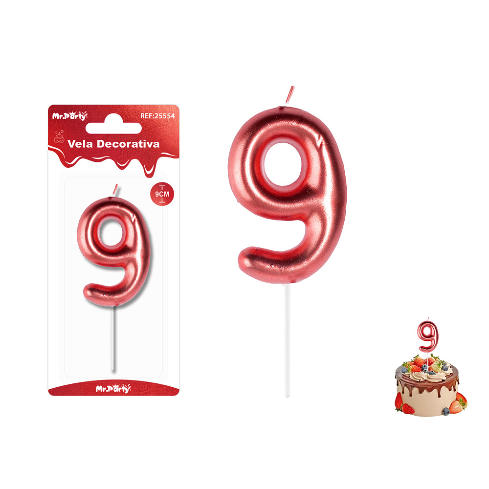 Velas con número 9 metalizadas rojo 9cm