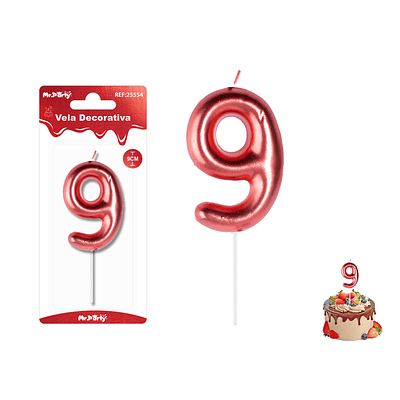 Velas con número 9 metalizadas rojo 9cm