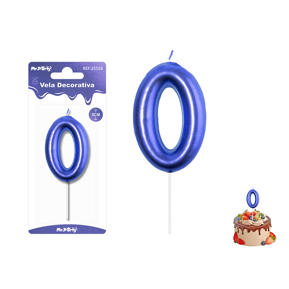 Velas con número 0 metalizadas azul 9cm