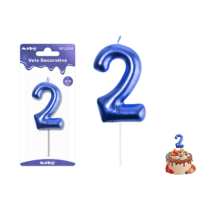 Velas con número 2 metalizadas azul 9cm