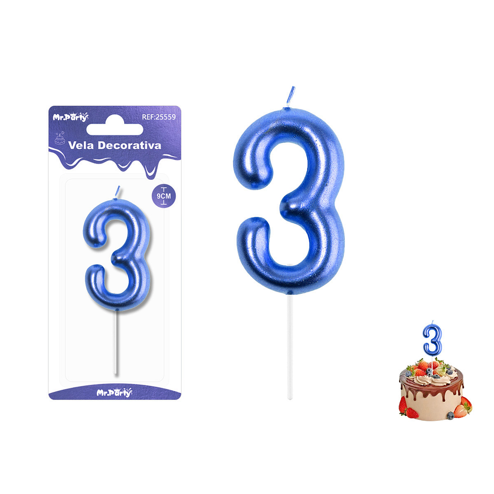 Velas con número 3 metalizadas azul 9cm