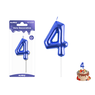 Velas con número 4 metalizadas azul 9cm