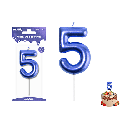 Velas con número 5 metalizadas azul 9cm