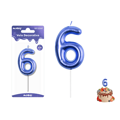 Velas con número 6 metalizadas azul 9cm