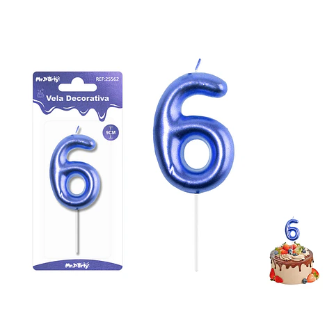 Velas con número 6 metalizadas azul 9cm
