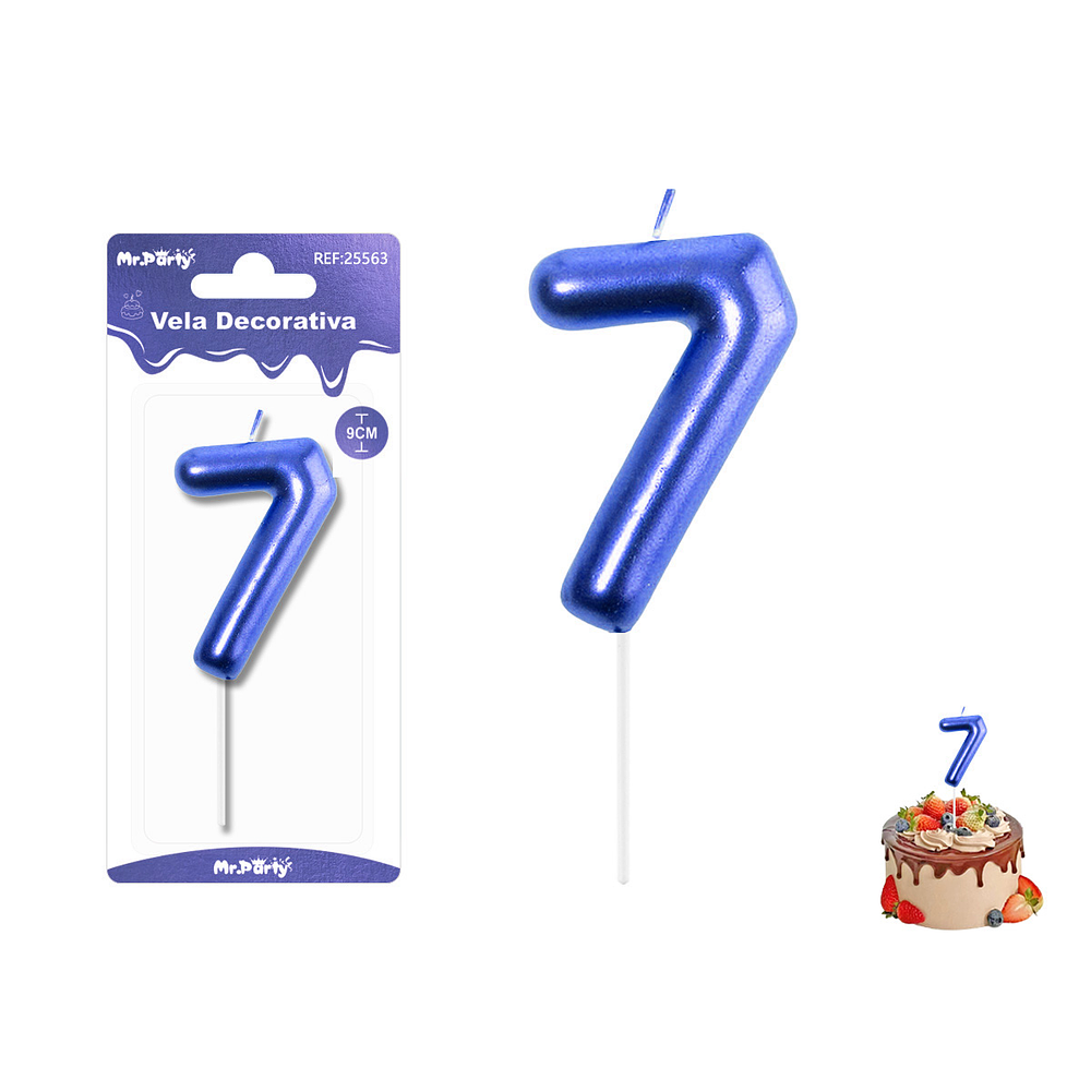 Velas con número 7 metalizadas azul 9cm