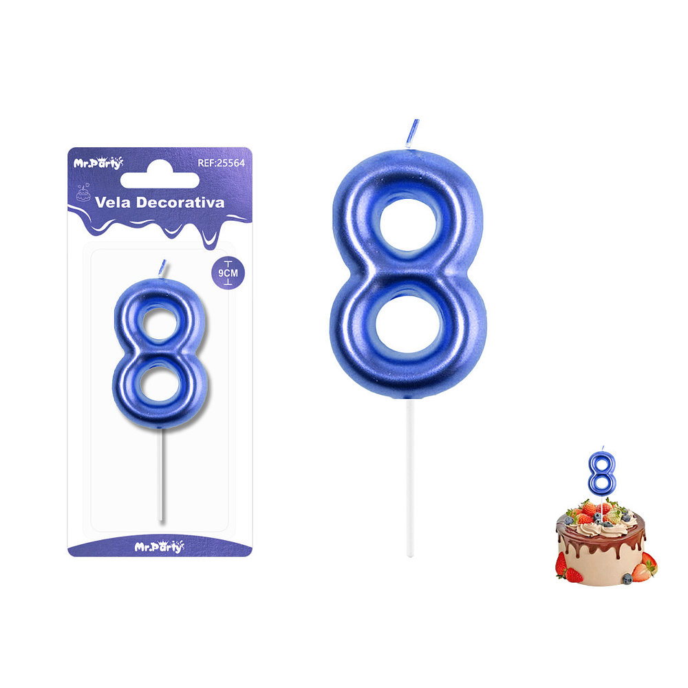 Velas con número 8 metalizadas azul 9cm