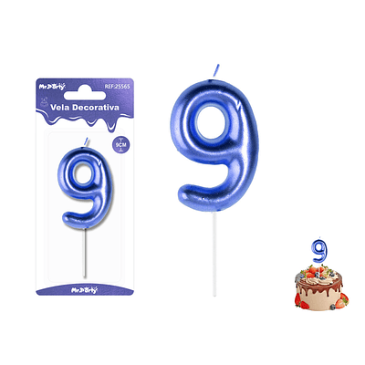 Velas con número 9 metalizadas azul 9cm