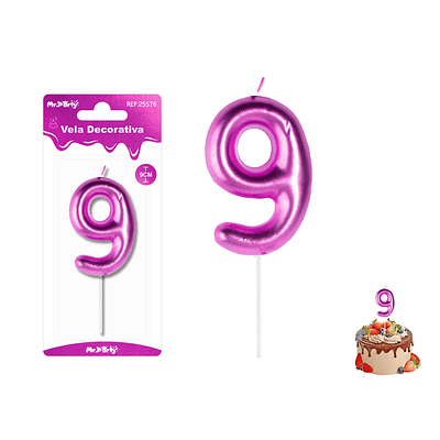 Velas con número 9 metalizadas rosado 9cm