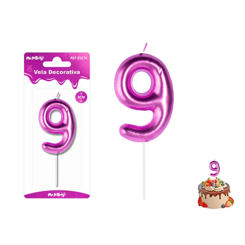 Velas con número 9 metalizadas rosado 9cm