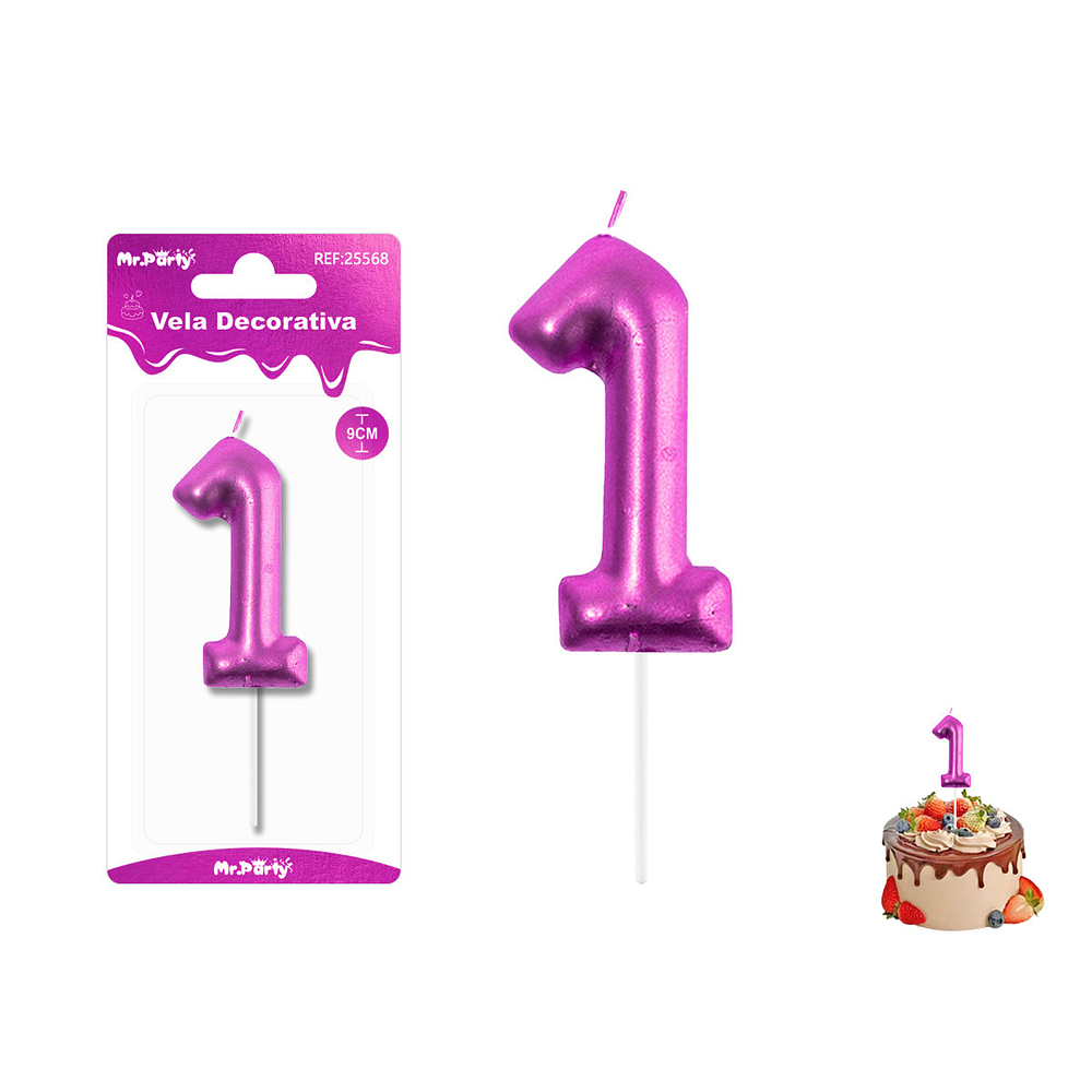 Velas con número 1 metalizadas rosado 9cm