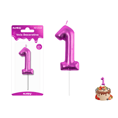 Velas con número 1 metalizadas rosado 9cm