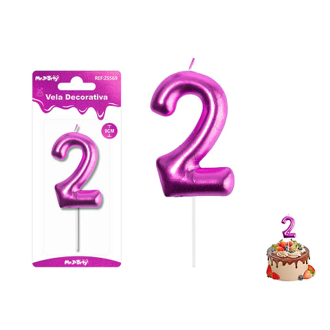 Velas con número 2 metalizadas rosado 9cm
