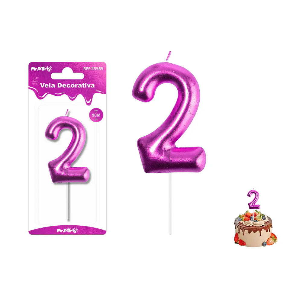 Velas con número 2 metalizadas rosado 9cm 1