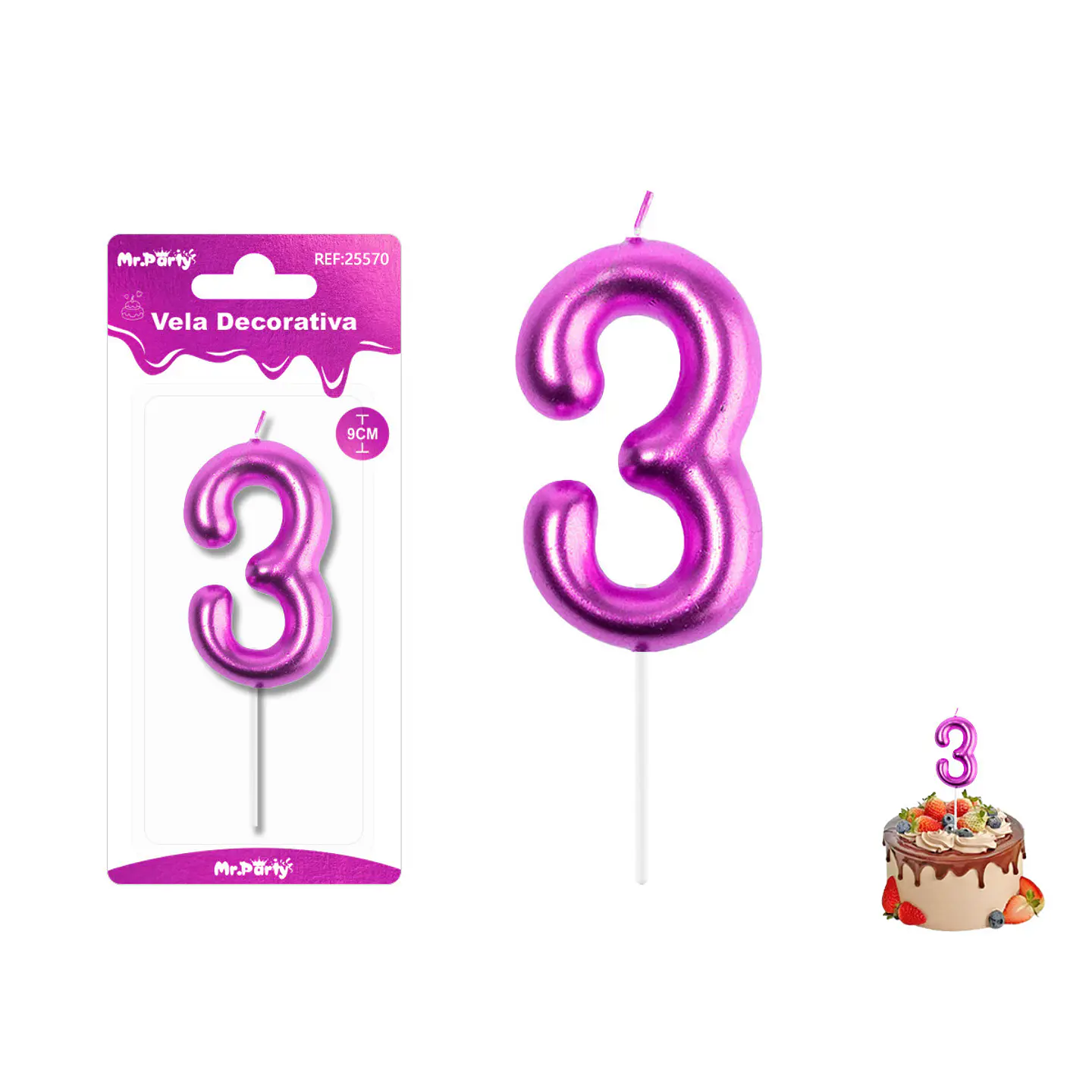 Velas con número 3 metalizadas rosado 9cm 1